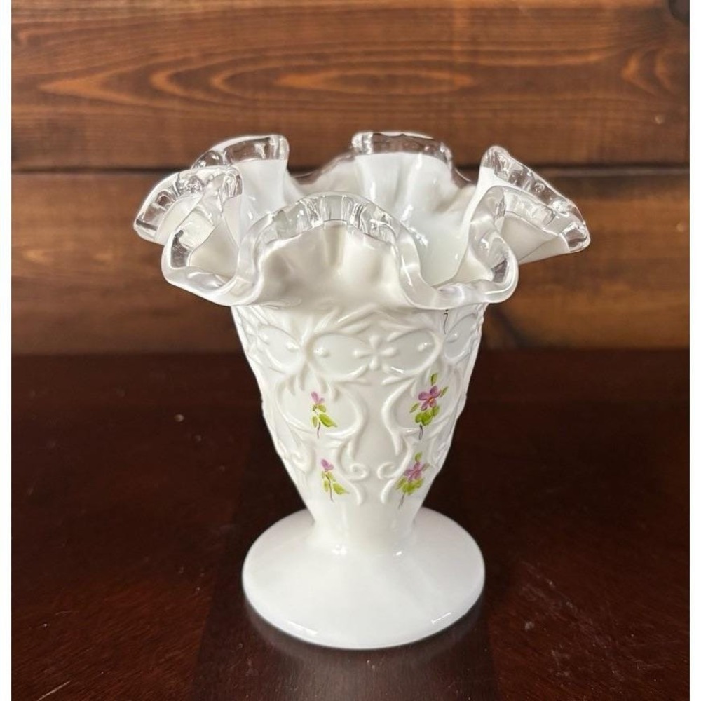 Fenton Milk Glass Violets in the Snow Spanish Lace Silver Crest Ruffled Vase